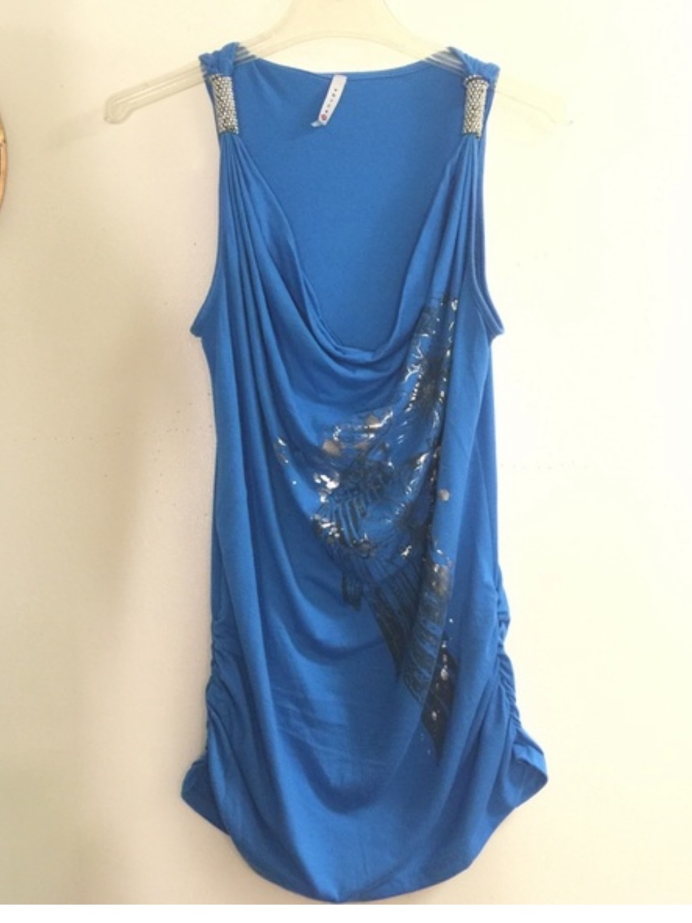 Voice Beaded Sparkly Blue Sleeveless Ruched Top Tunic M - Picture 3 of 4